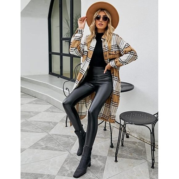 𝅺CASUAL Tan Plaid Button Down Long Puff Sleeve Trench Coat Jacket Shacket Wool - Picture 5 of 10